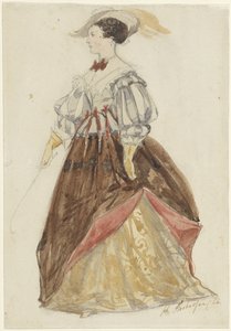 Frau in reichem Kostüm, mit Hut und Peitsche in der Hand