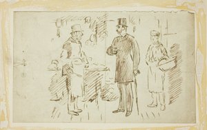Gentleman mit hohem Hut spricht Metzger an von Charles Samuel Keene