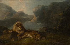 Löwen in einer Landschaft am See von Charles Towne