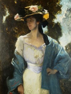 Porträt von Frances Josephine Furse, der Schwägerin des Künstlers in einer blauen orientalischen Jacke, 1903 von Charles Wellington Furse