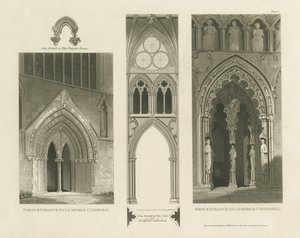 Kathedrale von Lichfield - Westportal, Nordportal und Schiff (Aquatinta-Stich) von Charles Wild