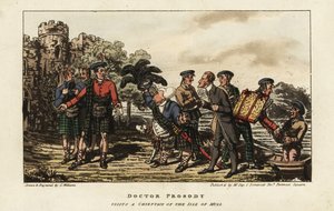 Englischer Tourist in einem Tartankilt trifft einen Clan-Häuptling vor einer mittelalterlichen Burg auf der Isle of Mull, Innere Hebriden, Schottland von Charles Williams