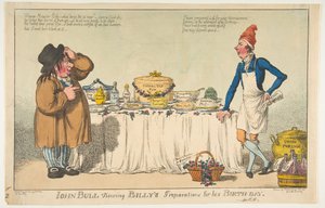 John Bull betrachtet Billys Vorbereitungen für seinen Geburtstag, 18. Mai 1802 von Charles Williams