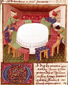 Vorbereitungen der Tafelrunde bei der Ankunft der Miniaturritter aus „Romanesque du Chevalier Tristan“ von Meister Charles de Maine von Charles du Maine Master