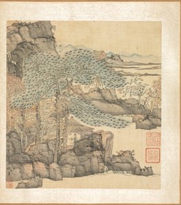 Gelehrter liest in einer Strohhütte am Wasserfall von Chen Hongshou