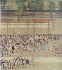 Alte Chinesen warten auf Prüfungsergebnisse, Faksimile der originalen chinesischen Schriftrolle