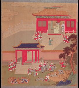 Kaiser Chin Wang Ti (r.221-210 v. Chr.) verbrennt alle chinesischen Bücher und wirft die Gelehrten in eine tiefe Schlucht, aus einer Geschichte der chinesischen Kaiser im Jahr 213 v. Chr. von Chinese School