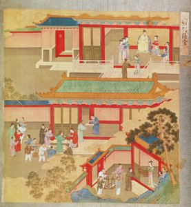 Kaiser Hsuan Tsung (712-756 n. Chr.) zu Hause, aus einer Geschichte der chinesischen Kaiser (Farbe auf Seide)