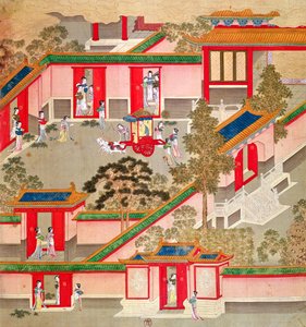 Kaiser Wu Ti (156-87, r.141-87 v. Chr.) verlässt seinen Palast, aus einer Geschichte der chinesischen Kaiser
