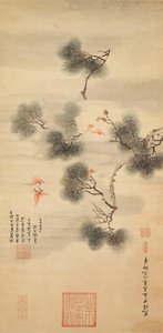 Fünf Fledermäuse inmitten eines Kiefernzweigs, 1844 von Chinese School