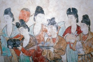 Geschenkübergabe, Wandmalerei aus dem Grab von Wu Tse Tien, Chien-Gräber, Tang-Dynastie, China, Shan Xi, 8. Jahrhundert von Chinese School