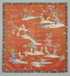 Roter Satin-Bettbezug, 19. Jahrhundert von Chinese School