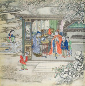 Szene in einem Garten mit einer Familie, die Besucher empfängt von Chinese School