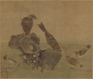 Spatzen füttern ihre Jungen, Ming- oder Qing-Dynastie