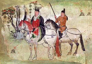 Zwei Reiter in einer Landschaft oder, Der Boddhisatva und sein Knappe, Tang-Periode von Chinese School
