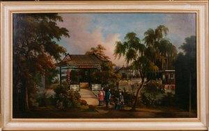 Blick auf Howquas Garten in Kanton mit Damen bei einem Pavillon, ca. 1850 von Chinese School
