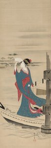 Schönheit in einem Boot auf dem Sumida-Fluss, späte 1700er-frühe 1800er von Chobunsai Eishi