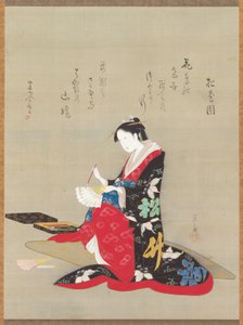 Schönheit schreibt ein Gedicht auf einen Fächer von Chobunsai Eishi