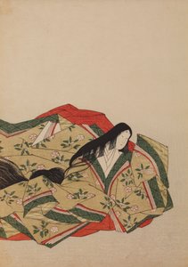 Hofdame in olivgrauem Gewand mit Kirschblütenmotiv, Tafel aus dem Album: Nishiki-zuri onna sanju rokkasen e-zukushi