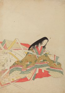 Hofdame sitzend in einem Gewand mit Hoo-Vogel-Muster, Platte aus dem Album: Nishiki-zuri onna sanju rokkasen e-zukushi von Chobunsai Eishi
