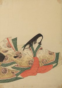 Dama dworu siedząca, zwrócona w prawo w szacie we wzór medalionów, plansza z albumu: Nishiki-zuri onna sanju rokkasen e-zukushi von Chobunsai Eishi