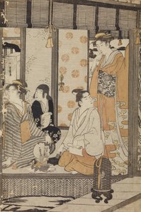Zwei Frauen, ein Jüngling und ein Mädchen im Inneren eines Hauses von Chobunsai Eishi