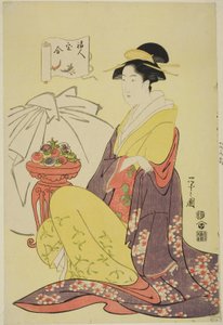 Hotei, aus der Serie "Vergleich der Schätze der Glücksgötter (Fukujin takara awase)", ca. 1795 von Chobunsai Eishi