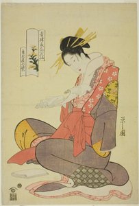 Komurasaki von der Kadotamaya, aus der Serie Sechs blumige Unsterbliche der Vergnügungsviertel (Seiro bijin rokkasen) von Chobunsai Eishi