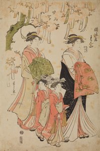 Oiran Renzan aus dem Haus Tawaraya mit Begleiterin und zwei Kamuro Chidori und Tatsuta von Chobunsai Eishi