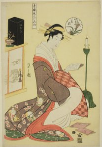 Wakana von der Matsubaya, aus der Serie "Schönheiten der Vergnügungsviertel als die sechs Blumenunsterblichen (Seiro bijin rokkasen)"