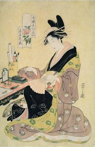 Frau malt an ihrem Schreibtisch von Chobunsai Eishi
