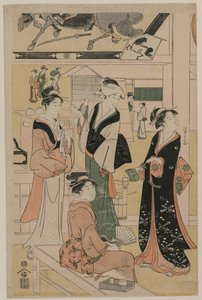 Frauen besuchen einen Teestand auf dem Gelände eines Tempels, frühe 1790er Jahre von Chobunsai Eishi