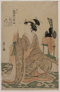 Junge Frau kniend an einem Stand mit einer zeremoniellen Kappe..., Mitte der 1790er Jahre von Chobunsai Eishi