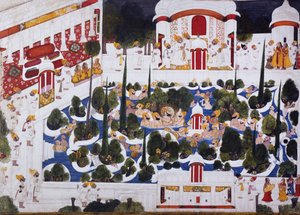 Maharana Bhim Singh tollt mit Edelleuten im Palastpool, 1803