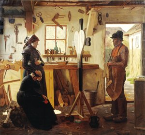 Zwei Frauen besuchen den Dorfkünstler, um das bestellte Grabkreuz zu sehen von Christen Dalsgaard