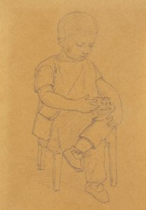 Der Sohn des Künstlers Peter, Ganzfigur, sitzend mit einem Tier oder Spielzeug