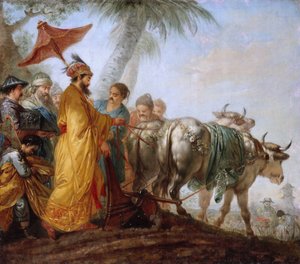 Der Kaiser von China mit einem Pflug. Der chinesische Kaiser pflügt die erste Furche zu Ehren der Landwirtschaft