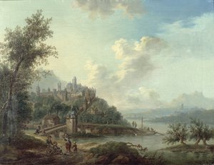 Eine Rheinlandschaft mit einer Brücke und Figuren im Vordergrund und einer befestigten Stadt auf einem Hügel dahinter