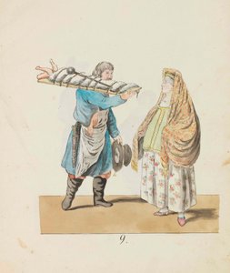 Metzger mit Schwein auf dem Brett und Händlerin aus der Serie Die St. Petersburg..., 1799 von Christian Gottfried Heinrich Geissler
