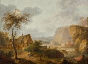 Gebirgslandschaft mit Fluss und Bauernhof