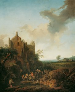 Landschaft mit Schlossruine und Pferdewagen