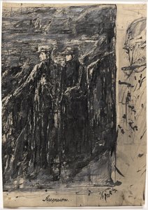 Himmelfahrt. Mann und Frau. Rechts Männerkopf mit Zigarre