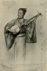 Frau spielt Shamisen, Mentaki-Wasserfälle, Kobe, Japan, 1898