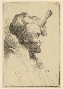 Brustbild eines Mannes mit Pelzmütze und Schnurrbart, im Profil nach rechts von Christian Wilhelm Ernst Dietrich
