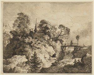 Eine Landschaft mit einem Einsiedler auf einer Brücke von Christian Wilhelm Ernst Dietrich