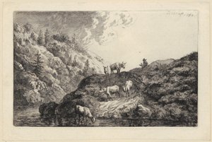 Eine Tierherde am Fluss [Die zur Tränke getriebenen Ochsen] von Christian Wilhelm Ernst Dietrich
