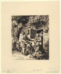 Halbfigur eines sitzenden Mannes mit gefiedertem Hut und Brille in der linken Hand von Christian Wilhelm Ernst Dietrich