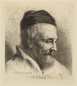 Schaf-, Ziegen- und Widderkopf mit Lämmern und liegenden Schafen, Blatt 3 der Folge "Tierstudien" von Christian Wilhelm Ernst Dietrich