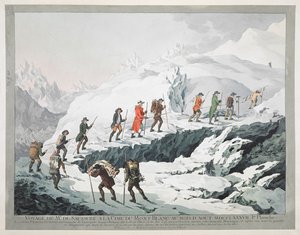 Horace Bénédict de Saussure und seine Führer überqueren einen Gletscher am Mont Blanc (Gravur)