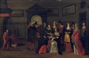 Elegante Gesellschaft spielt das Spiel La Main Chaude in einem Innenraum von Christoffel Jacobsz van der Lamen